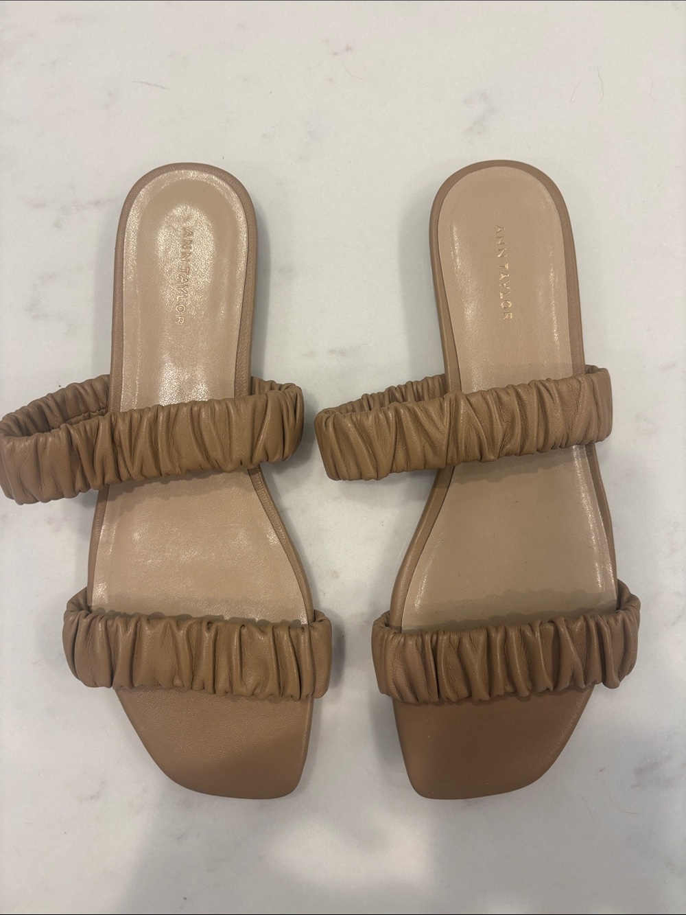 Ann Taylor Ruched Double-Strap Slide Sandals in Light Brown